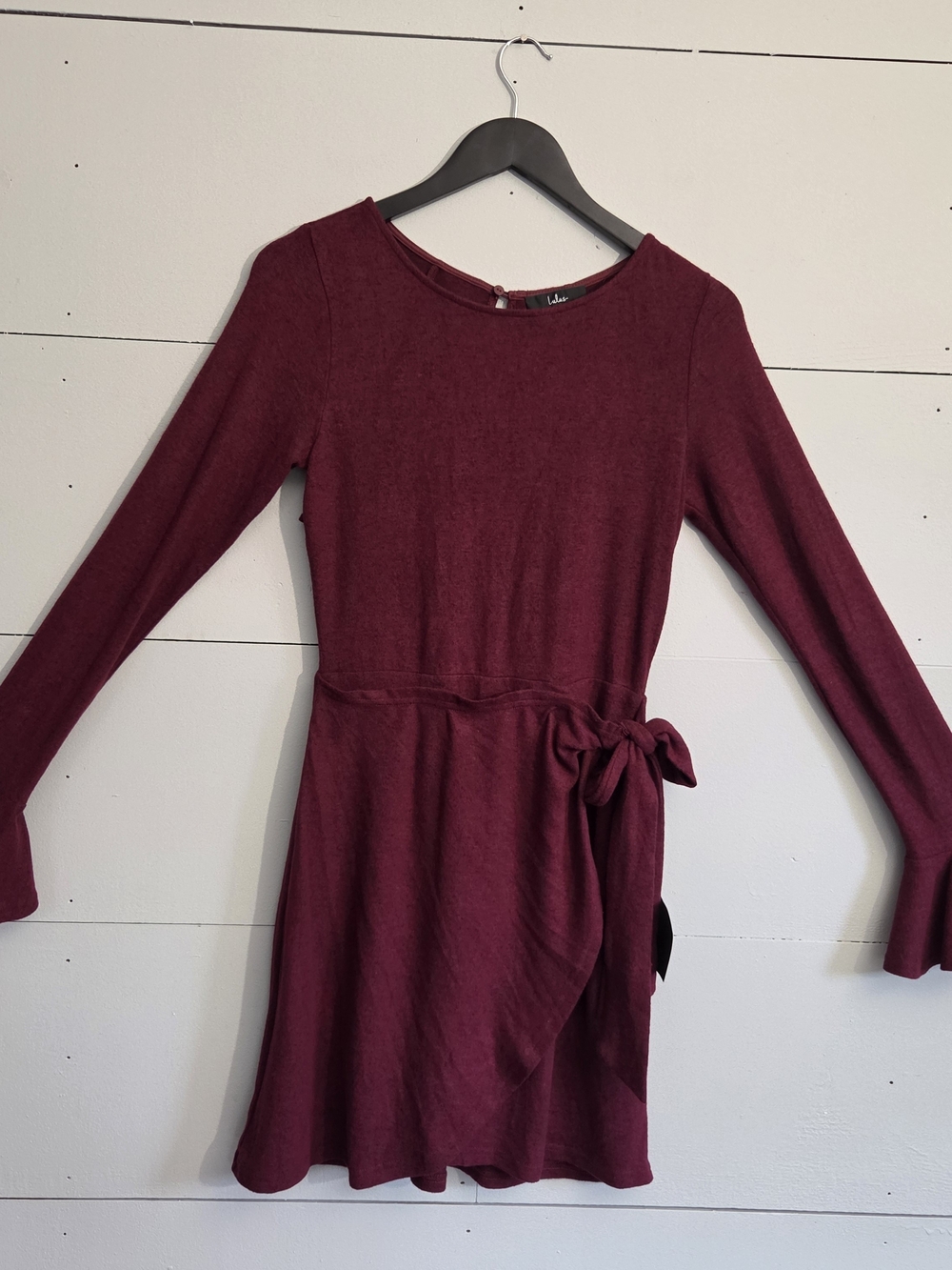 Lulus Burgundy Solid A-Line Dress Round Neck Flared Sleeve Ruffle Tie XS